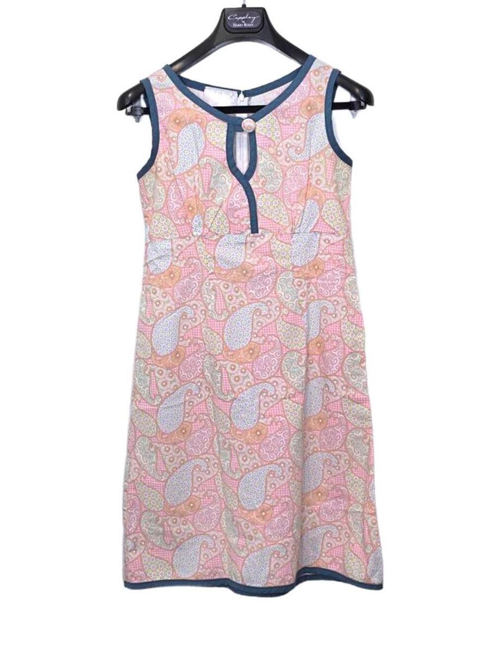 Vintage 60's Style Pastel Paisley Cotton Summer Shift Dress Sleeveless Midi XS